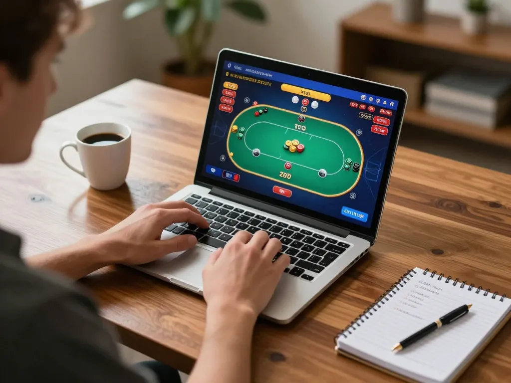 Engaged gamer enjoying poker on laptop featuring 98win interface and strategic notes.