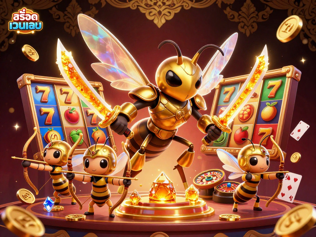 Experience thrilling gameplay with สล็อตเว็บตรง, showcasing a vibrant 3D casino scene filled with dynamic slot reels and characters.
