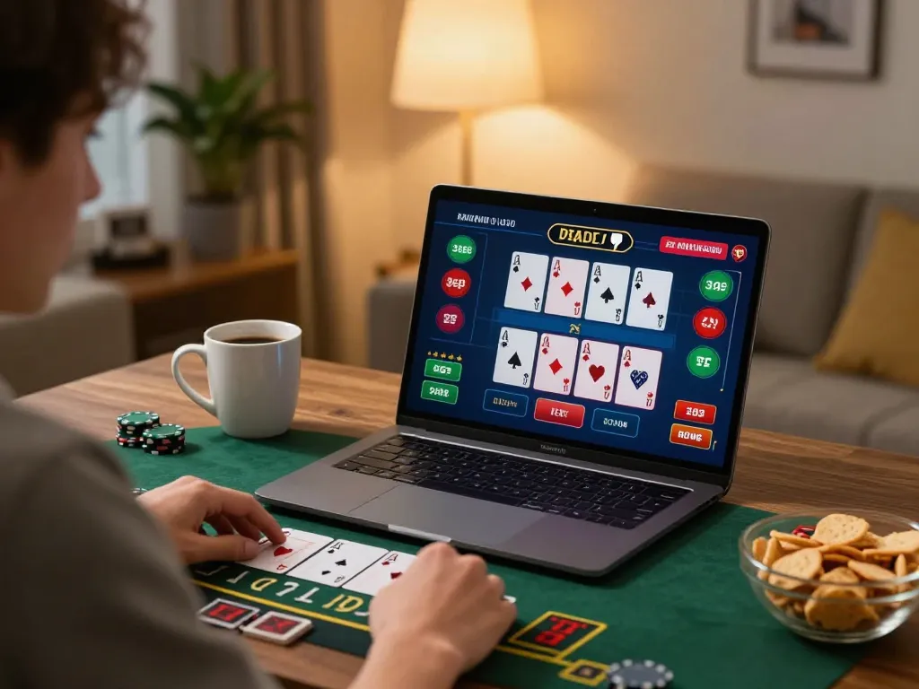 KONG88 player engaging with live dealer blackjack at home in a cozy setting