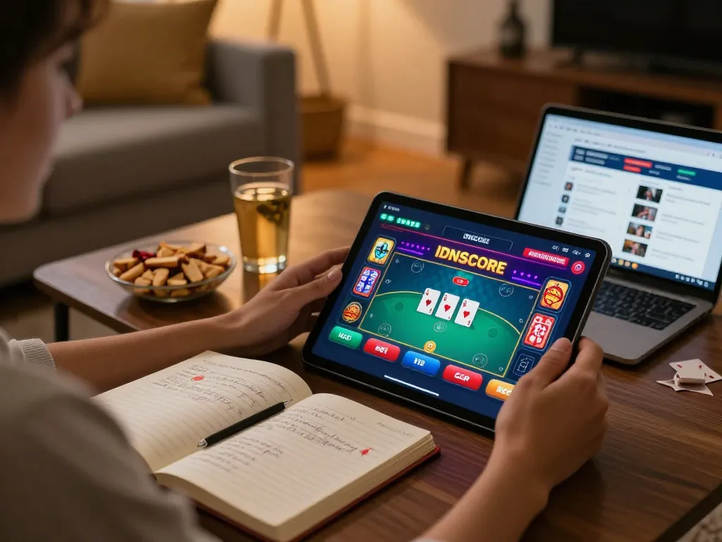 IDNSCORE online gaming scene displaying poker action on tablet in a warm home setting.
