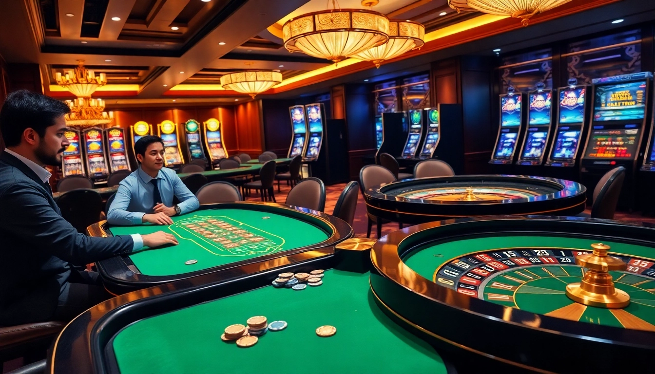Enjoying a high-stakes poker game at s8com, featuring luxurious tables and vibrant slot machines.