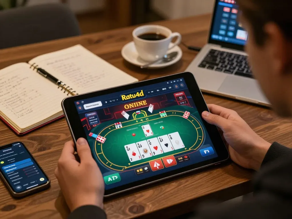 Engaging in Ratu4d online casino gameplay on a tablet with strategic notes and cozy setting.