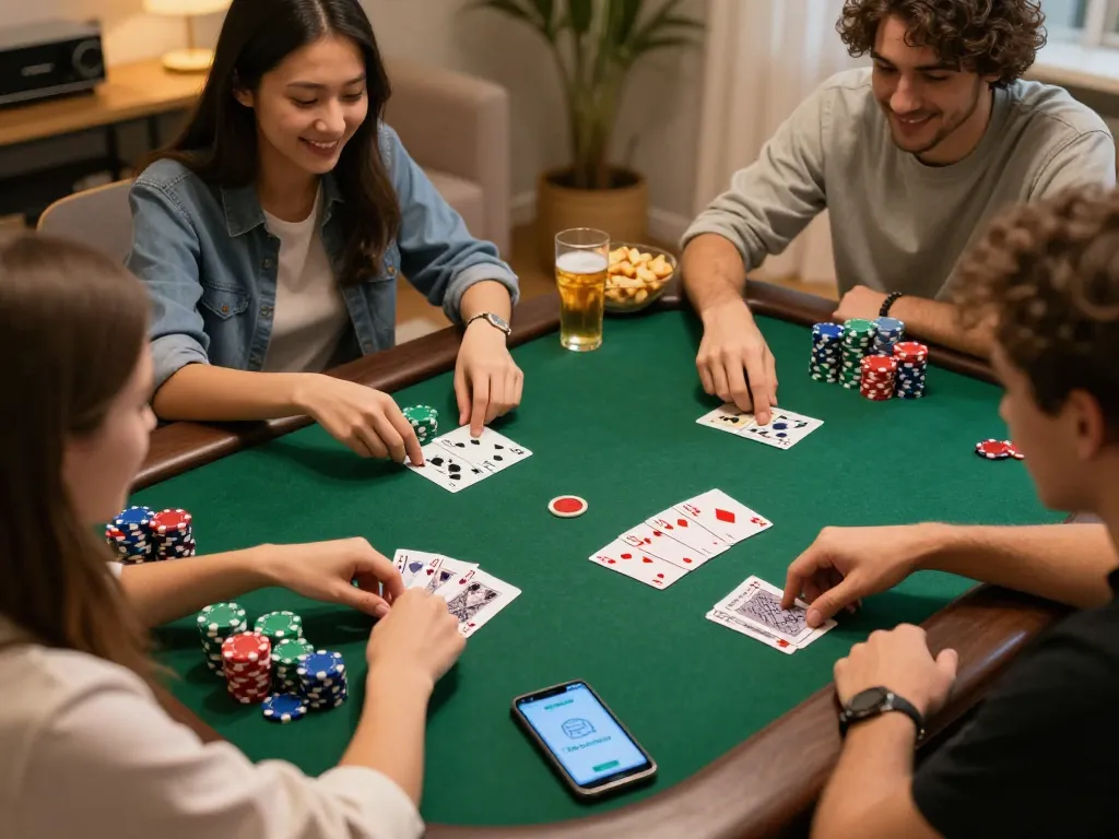 Players strategizing during a poker game with This link app on the table.