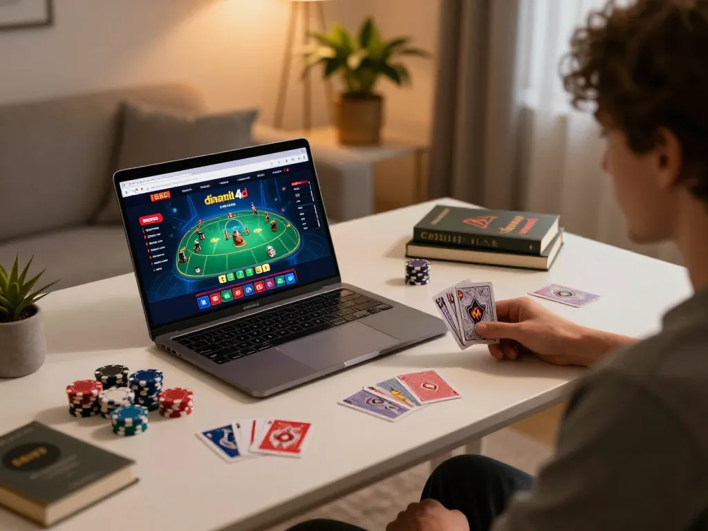 Player engaged in dinamit4d online gaming from a cozy home setting with modern decor