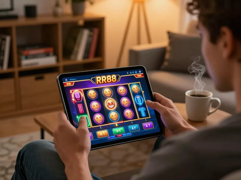 Player engaging in the RR88 online casino app, showcasing vibrant slot graphics in a cozy living room