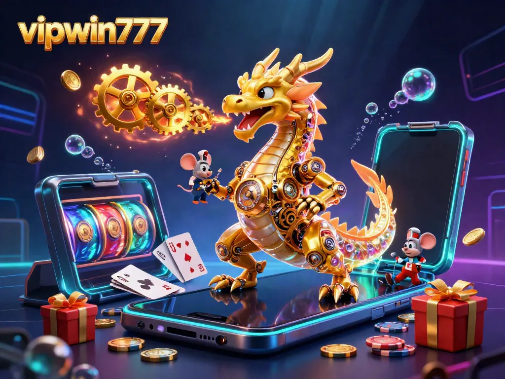 Experience thrilling gameplay at vipwin777 with a golden dragon and exciting casino elements.