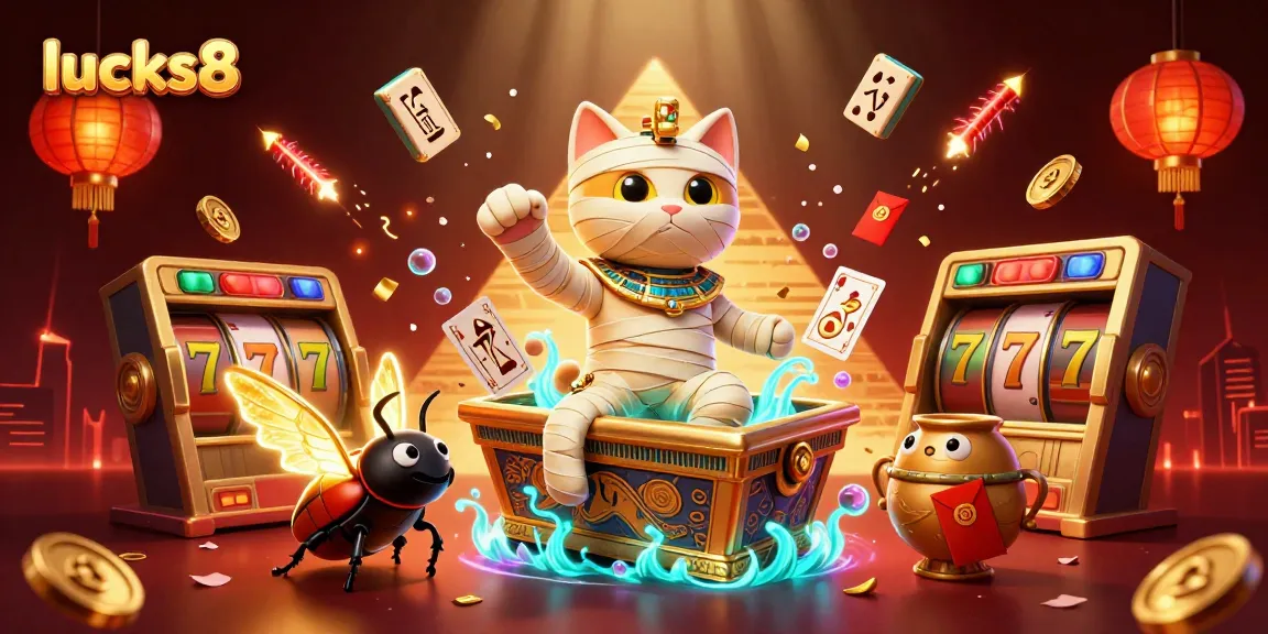 Engage in the exciting lucks8 slots with a vibrant scene showcasing a mummy cat and dynamic casino elements.