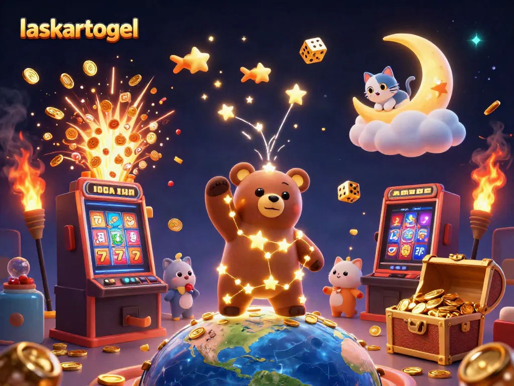 Experience excitement at laskartogel with a constellation bear collecting coins amidst vibrant casino elements.