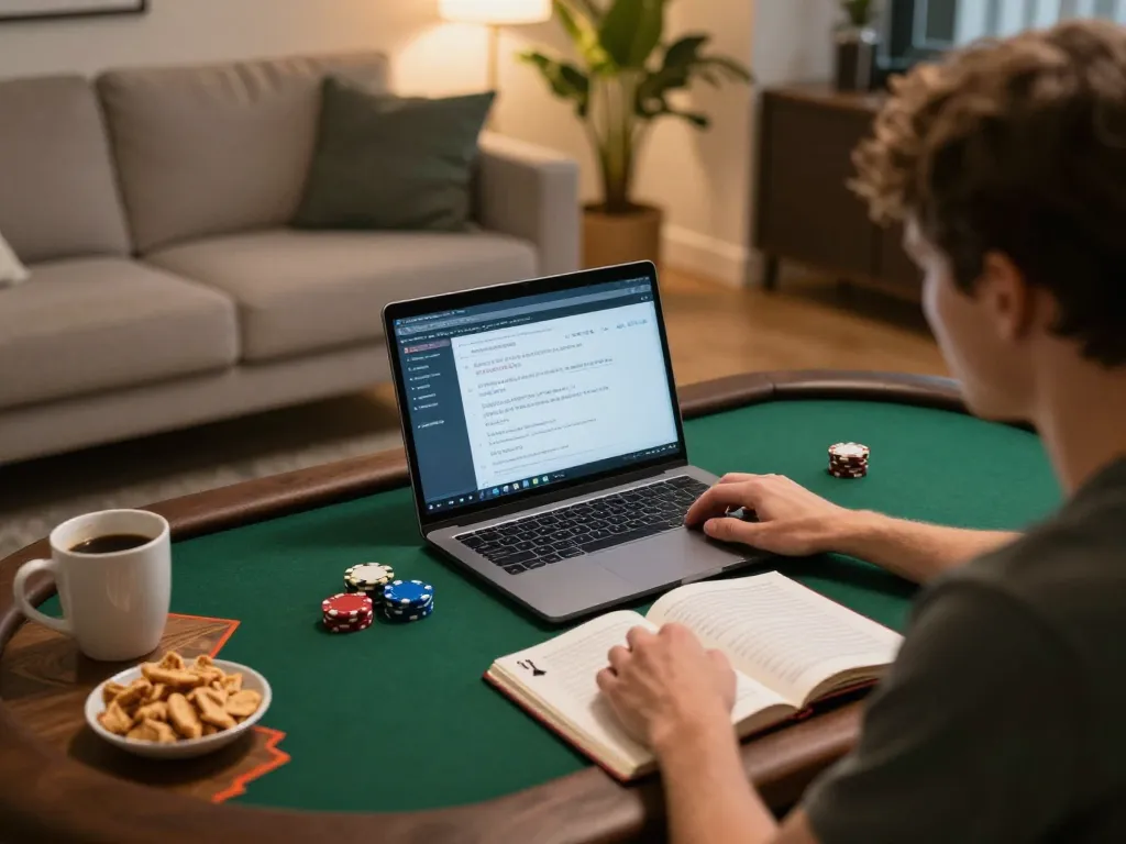 Engaged player enjoying an online god55 casino poker game from a cozy home setup.