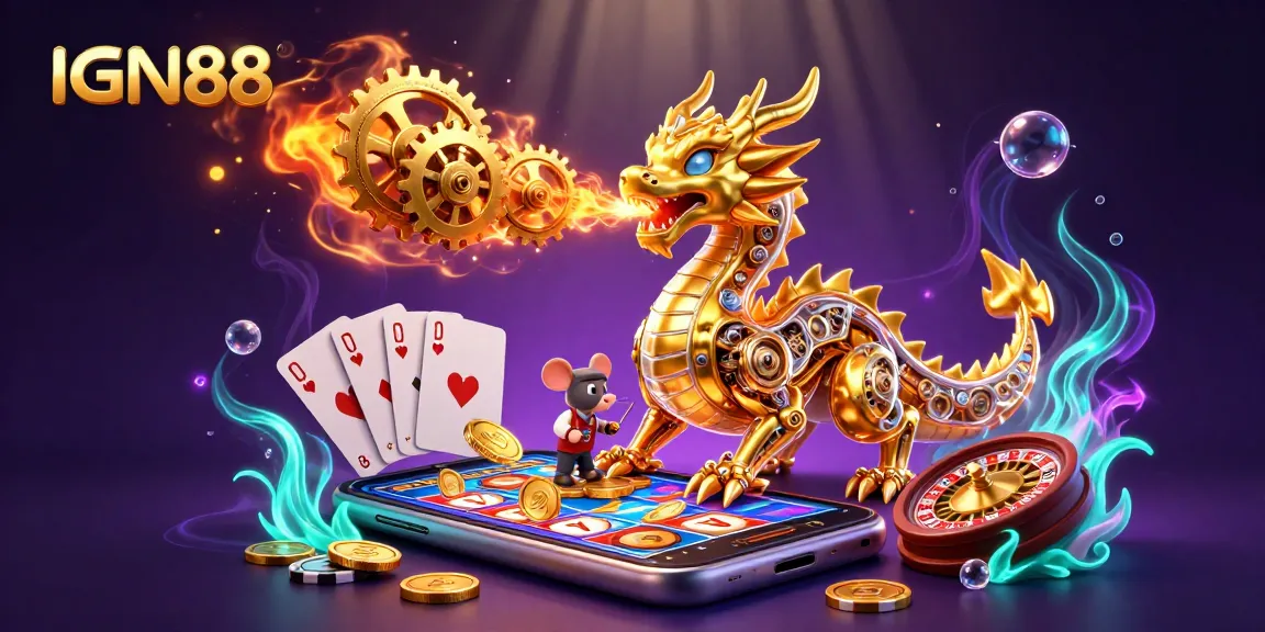 Experience the thrill of slots with IGN88, featuring a biomechanical golden dragon and vibrant casino elements.