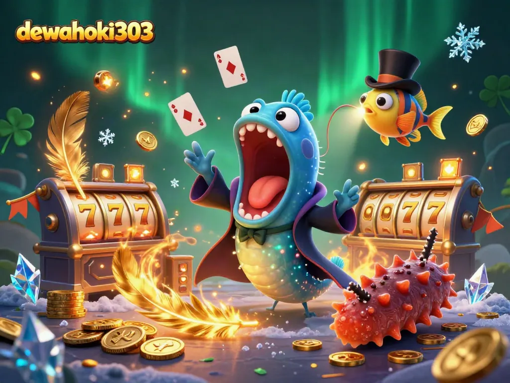 DewaHoki303 menampilkan ular gulper 3D melakukan trik kartu di bawah cahaya, mengundang keberuntungan lewat slot dan jackpot.