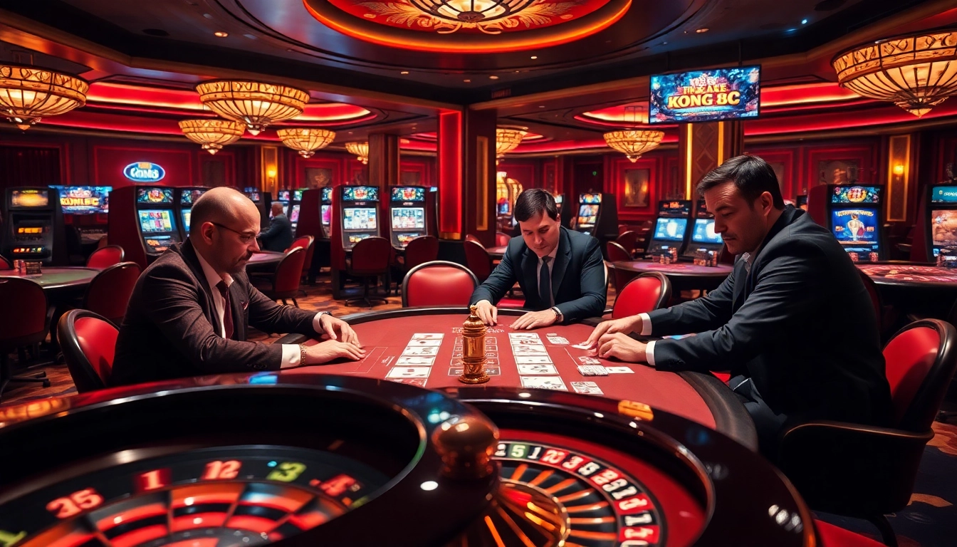 KONG88 players strategizing in a luxurious casino environment during an exciting poker game.