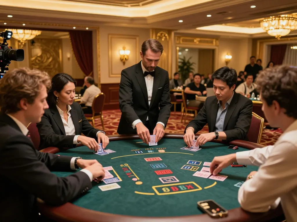 Tg88 players enjoying intense blackjack game with dealer and elegant casino atmosphere.