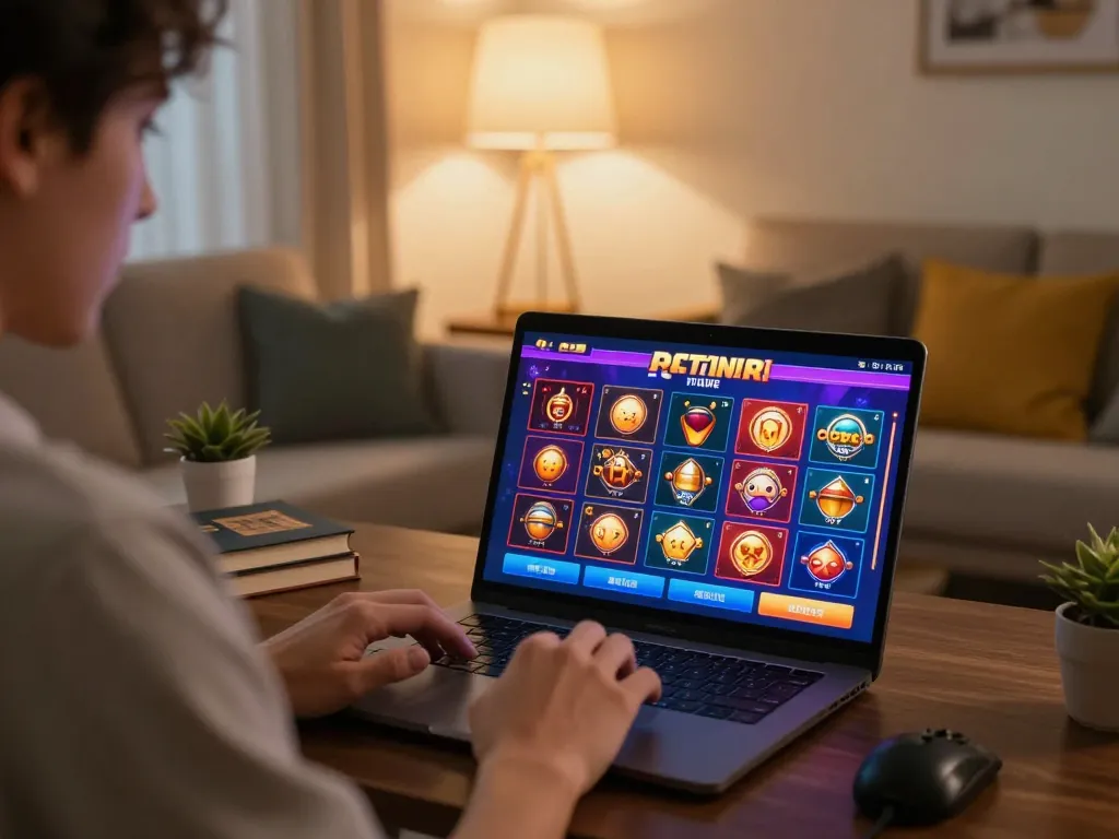 Engaging in online gaming at luck88com with a vibrant casino interface in a cozy home setting.
