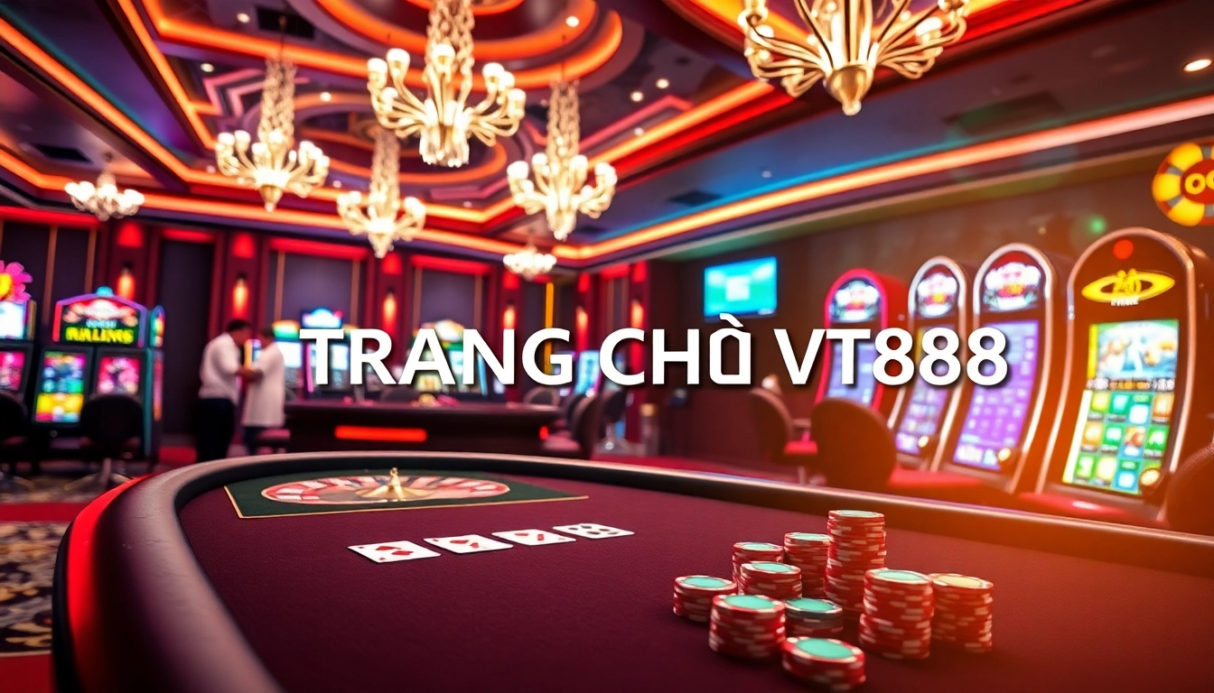 Players enjoying the thrilling atmosphere of TRANG CHỦ VT88 at a luxurious casino with vibrant games.