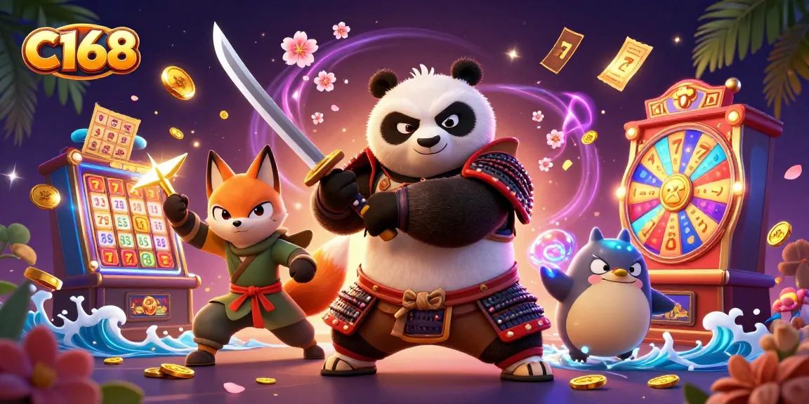 C168 samurai panda in action, surrounded by vibrant slot game elements like lucky 7s and winning tickets.