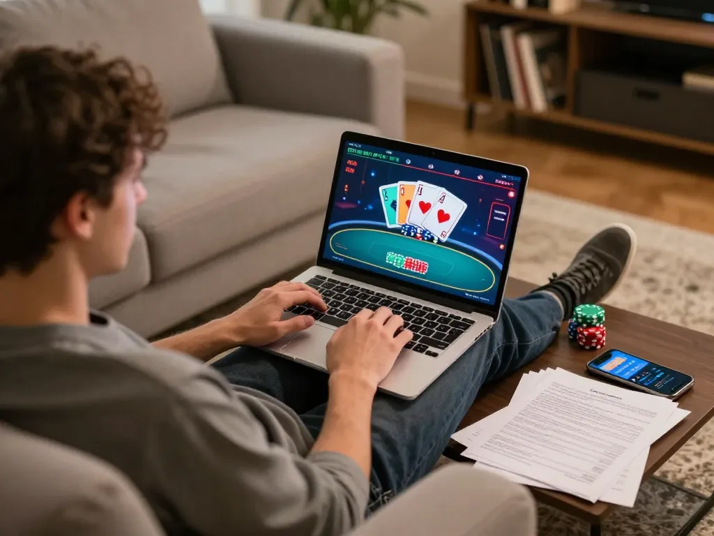 Player enjoying rik vip poker game on laptop in a cozy home setting with warm lighting