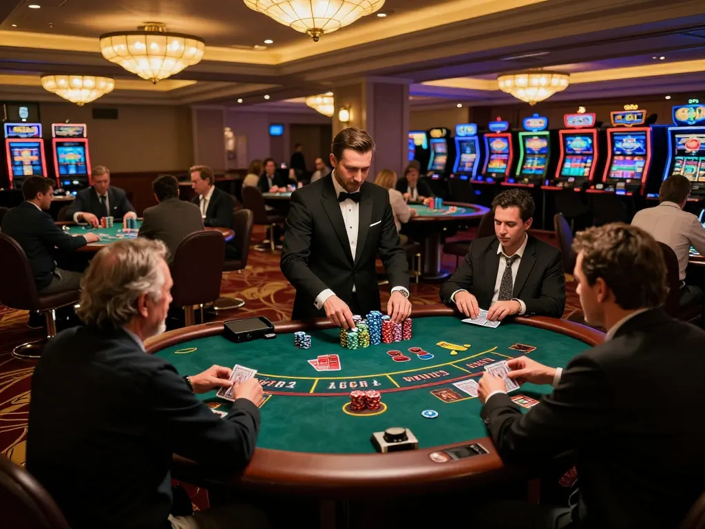 Players strategizing at MB88 blackjack table, showcasing intense gameplay and casino excitement