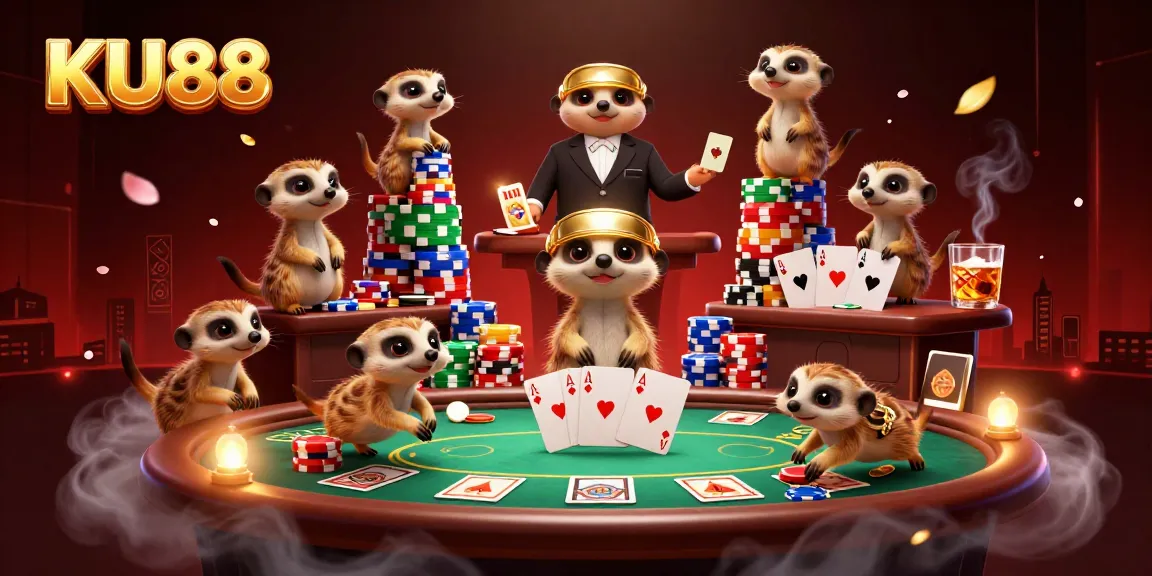 Engage with KU88's vibrant casino scene featuring meerkats mastering poker tables and chips.