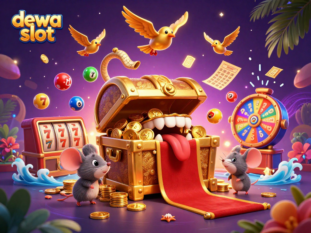 Engage with dewa slot through exciting gaming scenes of treasure chests, bouncing balls, and dynamic prize wheels.