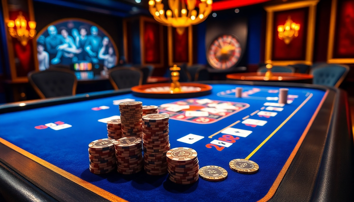 TRANG GAME B8 scene showcasing luxurious poker chips and playing cards in vibrant casino ambiance.