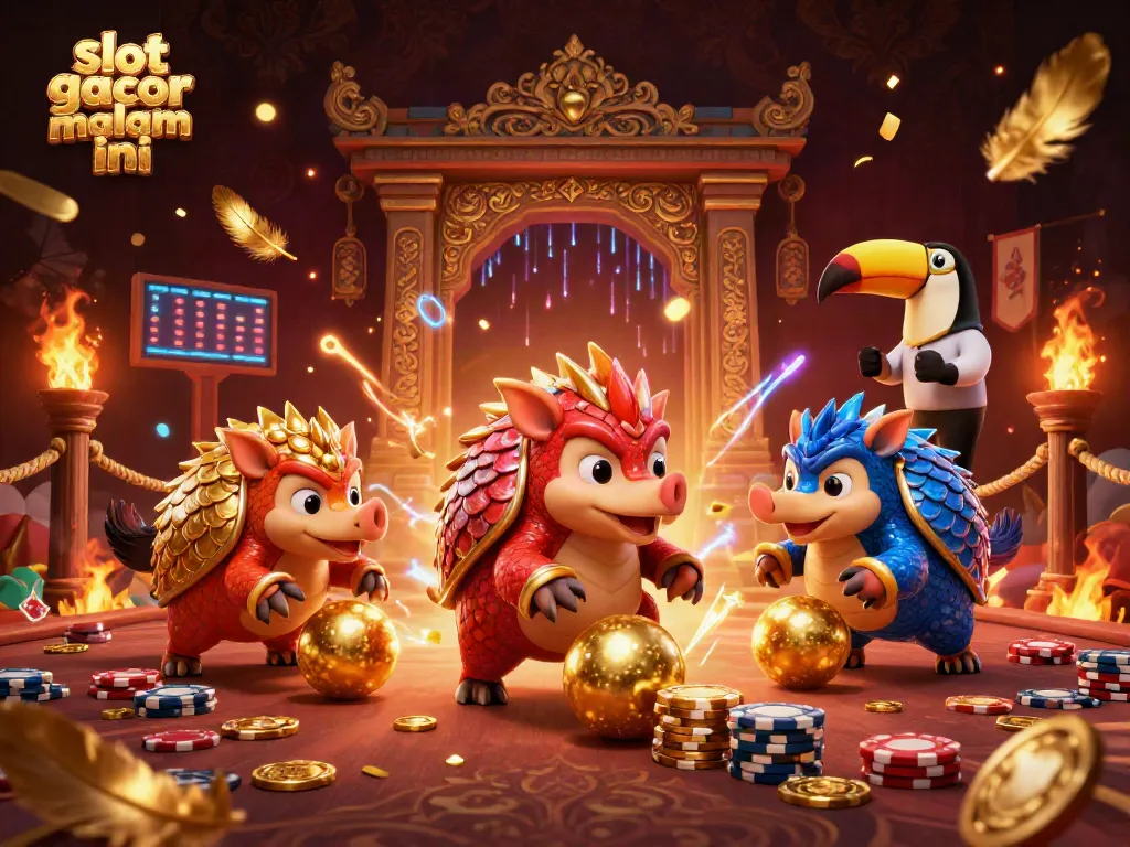 Slot gacor malam ini, dua armadilo bertanding dengan uang poker dan confetti, menunjukkan suasana kasino yang seru.