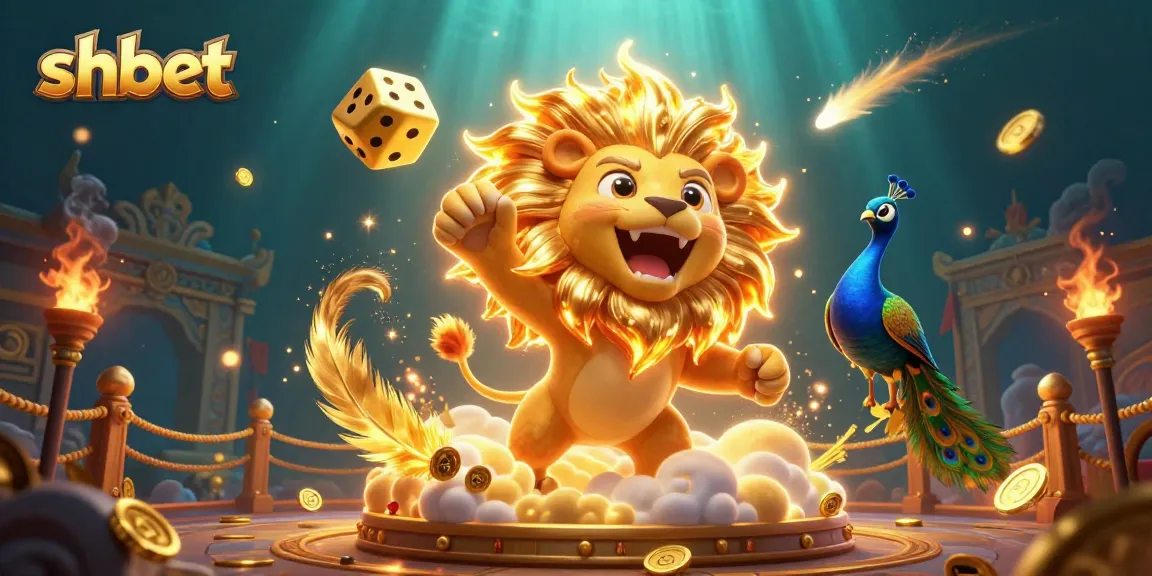 Experience thrilling gameplay with SHBET as a radiant sun lion roars amidst casino elements and golden dice.