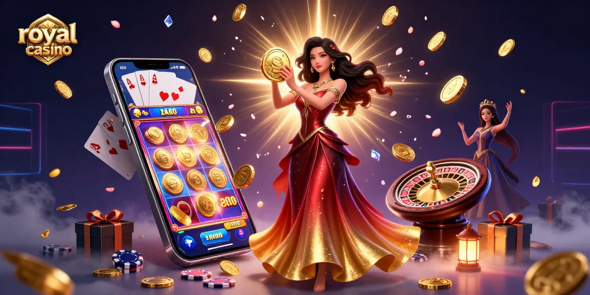 Experience thrilling gameplay with royal casino as a stunning woman showcases her golden reward amidst vibrant game elements.