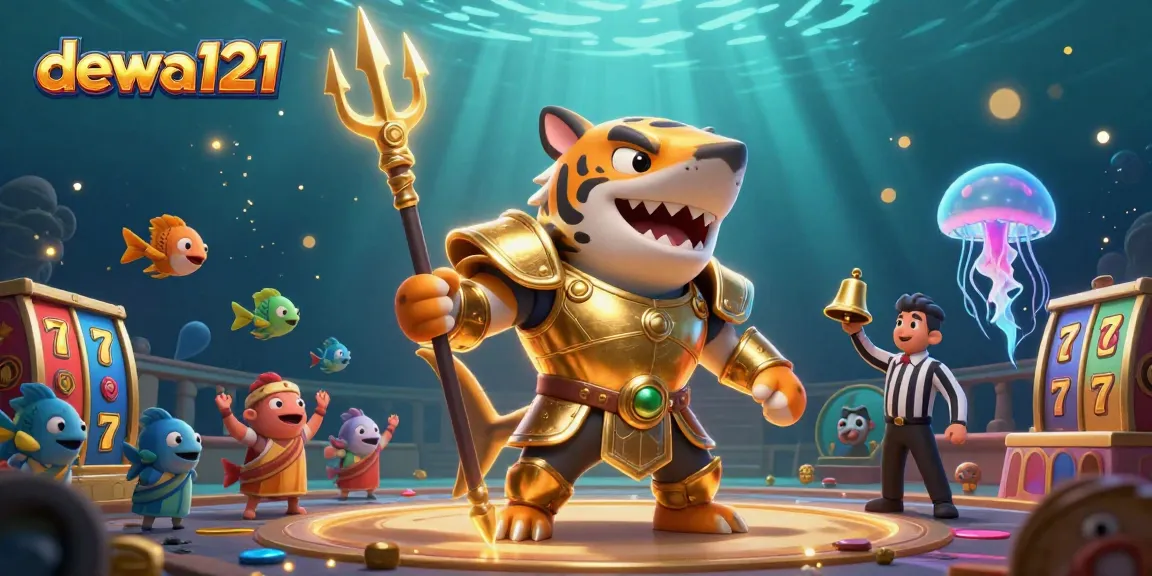 Terlibat dengan slot menarik di dewa121 yang menampilkan hiu gladiator emas, gulungan slot, dan pemandangan bawah laut yang hidup.