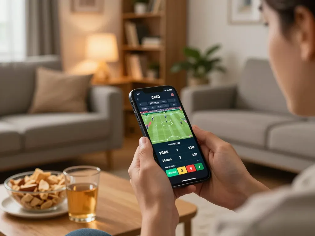 Engaging mobile gaming experience on VN23 app for sports betting in a cozy living room setting.