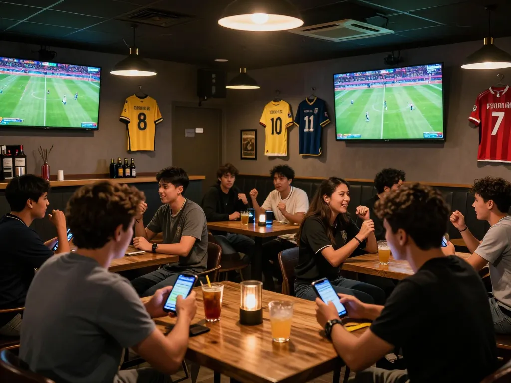 Cakhia TV fans enjoying live sports betting experience in a bustling sports bar