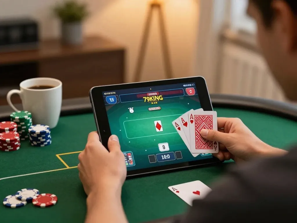 Engaging in online poker gameplay on 79KING with a cozy home setup and strategic elements