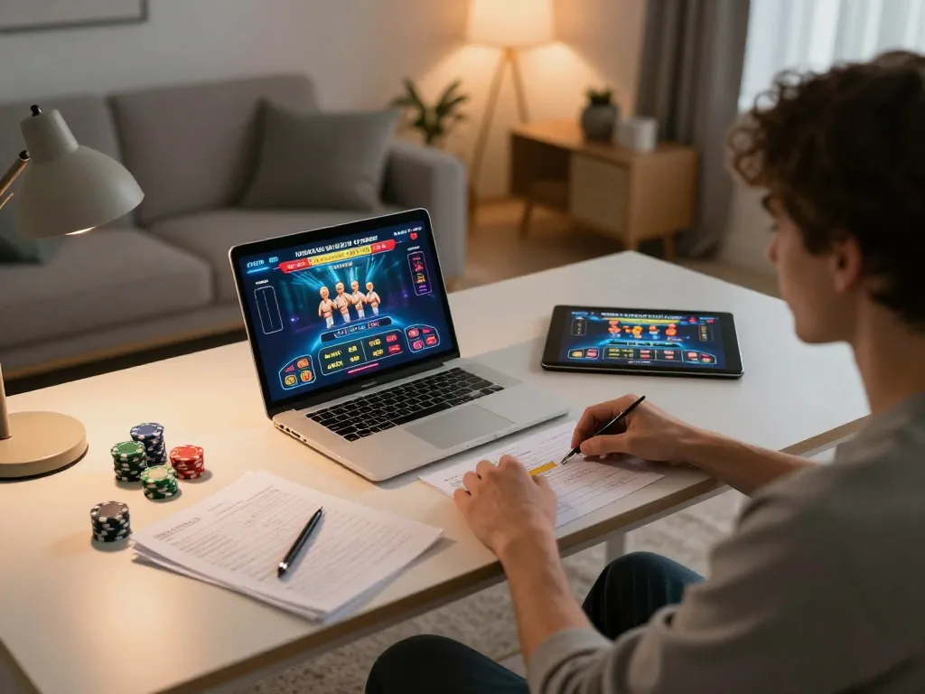 Engaged player strategizing online at trang chủ 5679 with laptop and tablet on a modern home desk
