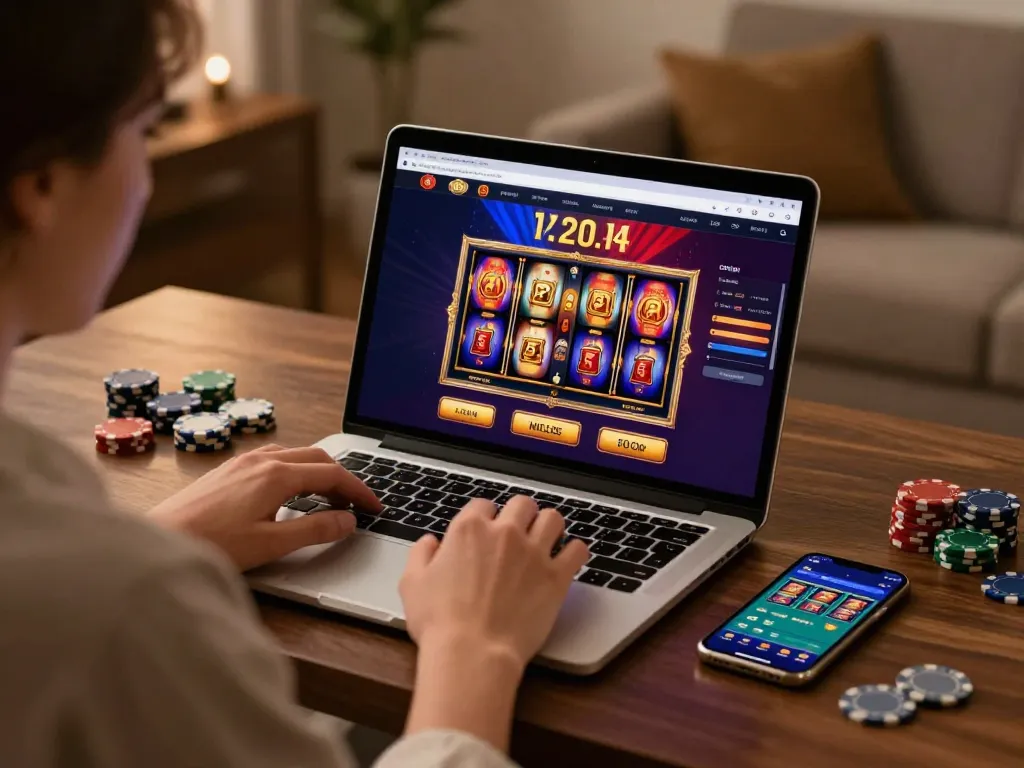 megaplus88 player engaging with online casino games on a stylish laptop, highlighting strategic gameplay.