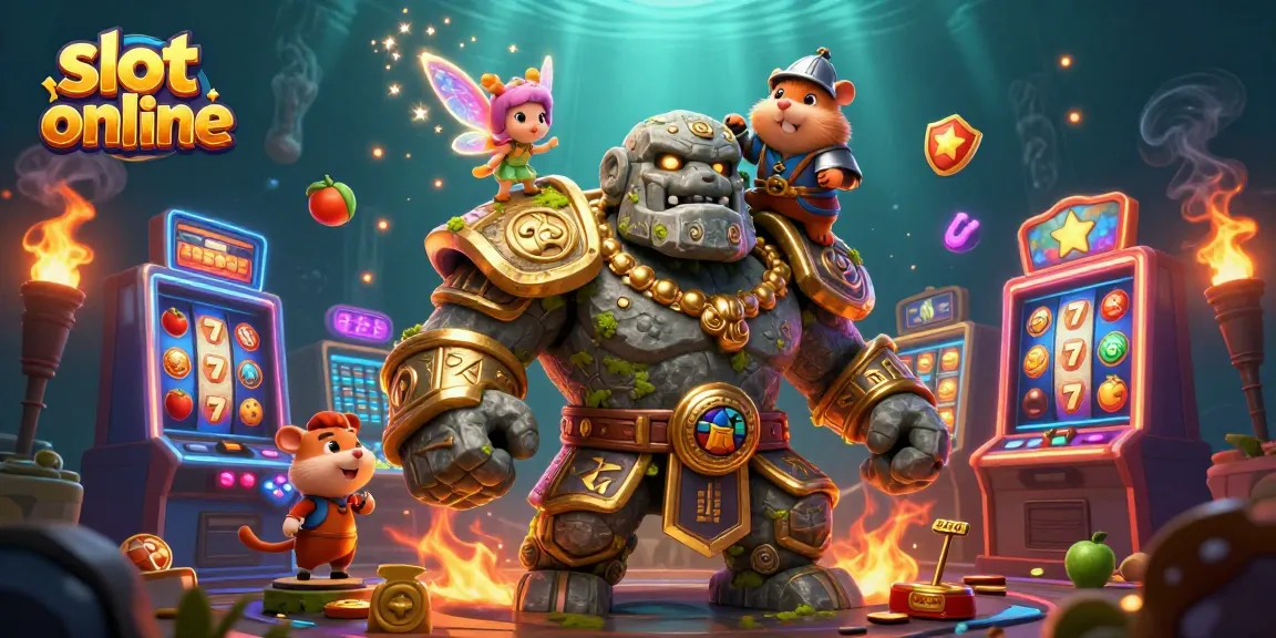 Memenangkan permainan slot online dengan elemen berkilau dan karakter penuh warna dalam ilustrasi 3D.