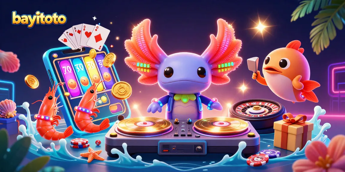 Engage with bayitoto's vibrant gameplay featuring a neon axolotl DJ among thrilling casino elements.