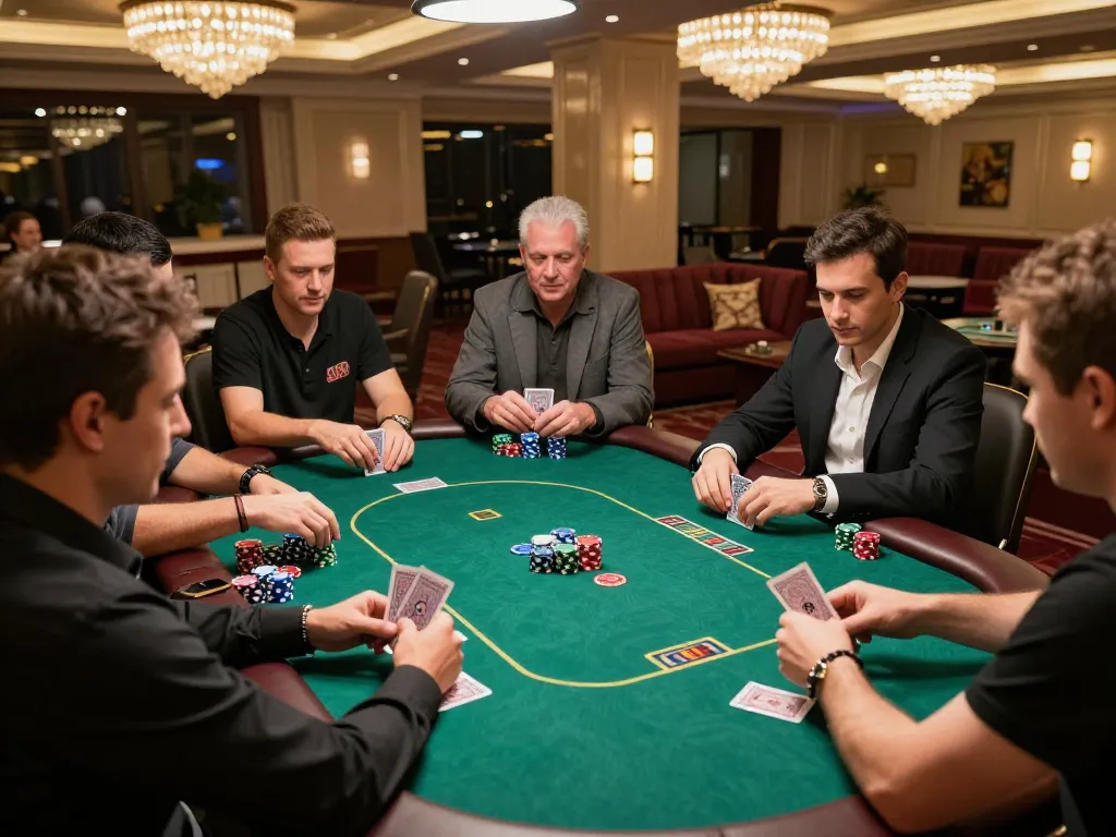 kp88 players placing strategic bets during a poker game in an upscale casino.