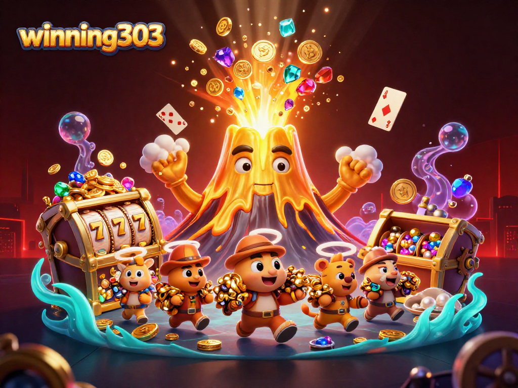 Winning303 showcases a vibrant casino scene with a golden volcano and dynamic slot elements.