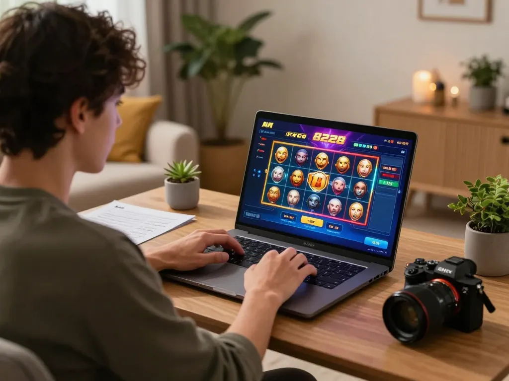 Engaging gameplay on FAFA 828 showcases responsible online casino entertainment in a cozy home setting.