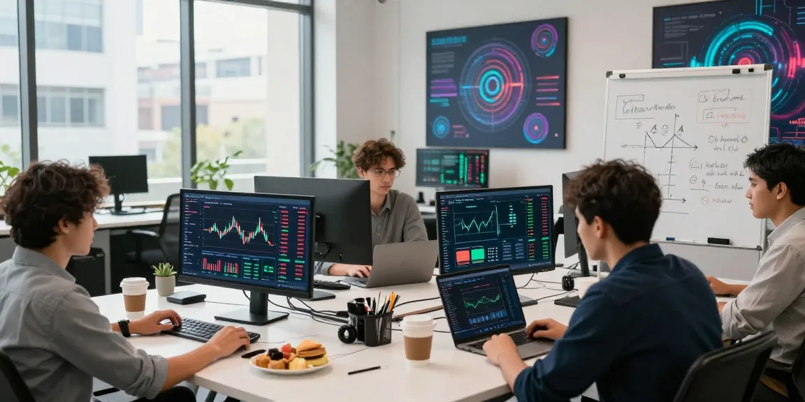Cricbet trading professionals analyzing cryptocurrency and DeFi metrics in a collaborative co-working space.