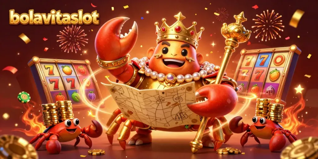 Experience the thrill of bolavitaslot with a shiny crab emperor and vibrant slot elements.