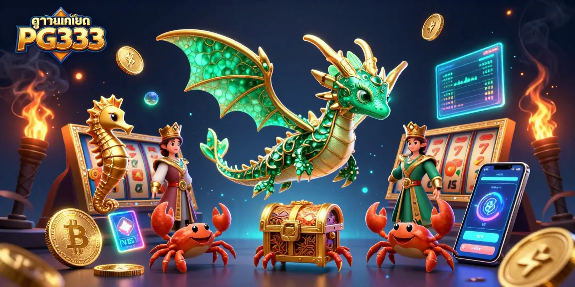 Engage with ดูรายละเอียด PG333 in this vibrant 3D scene packed with colorful casino elements and mystical characters.