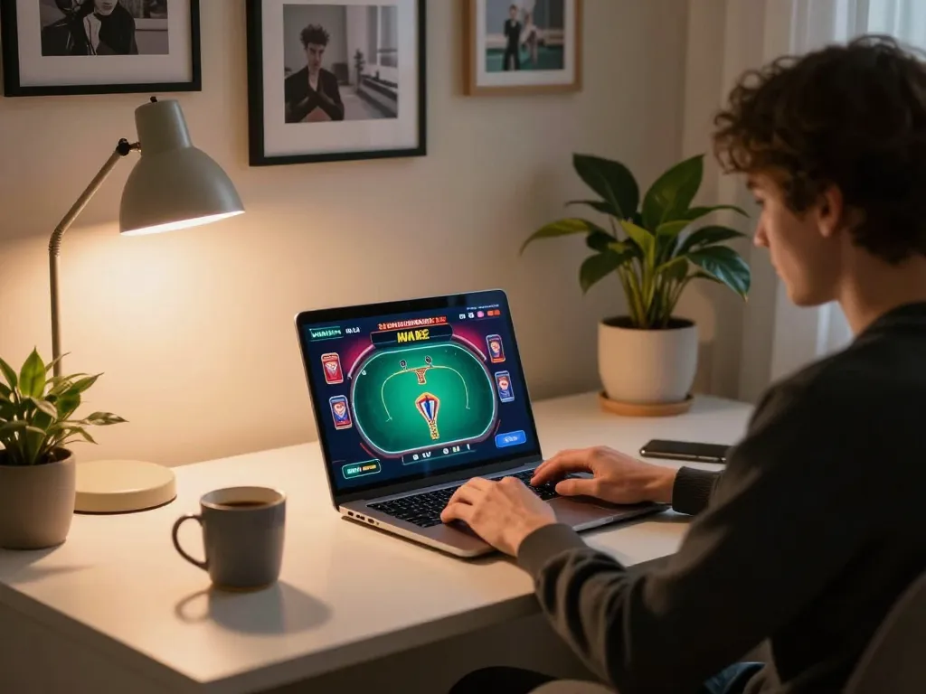 Engaging in online poker at a home setup with laptop, highlighting nhà cái gaming experience.