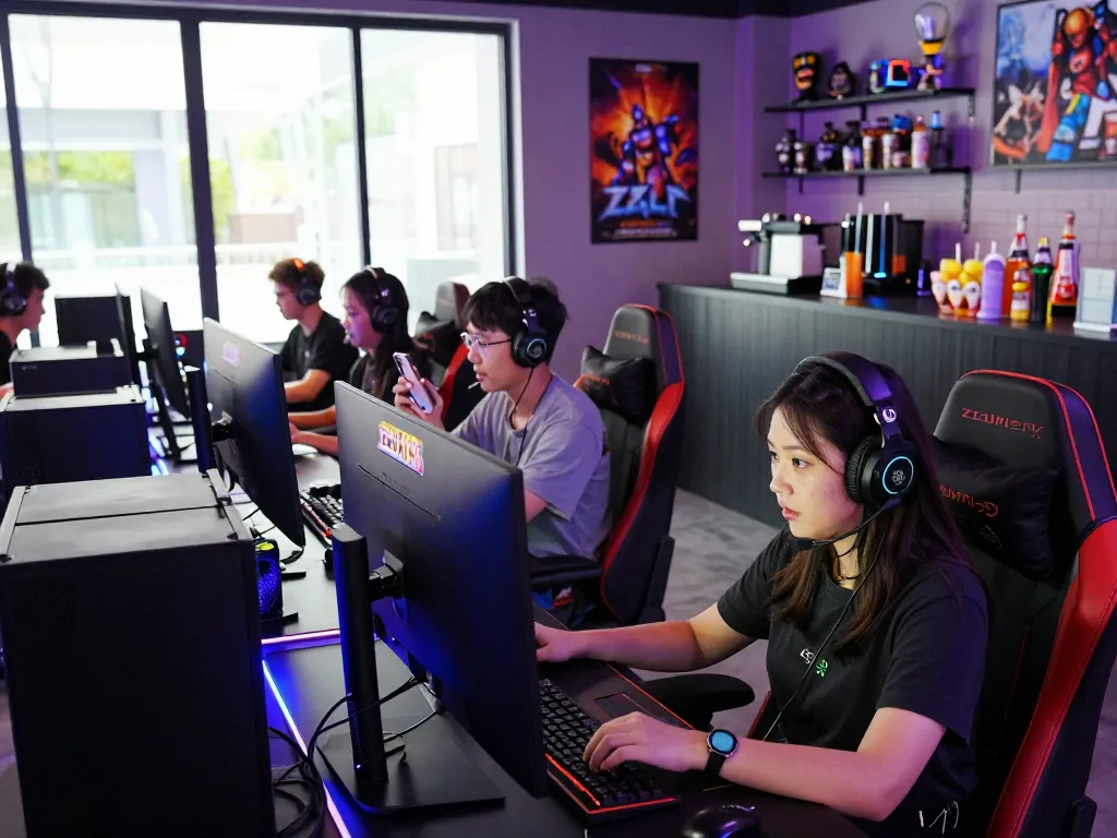 Exciting Zeus138 slot gaming experience in a modern lounge with enthusiastic players focused on their screens.