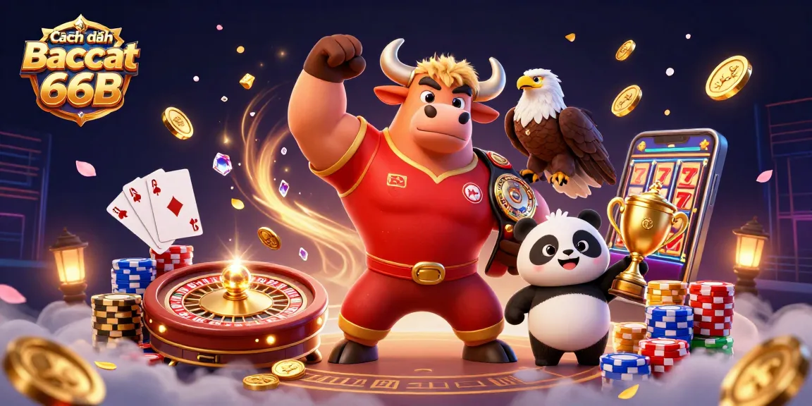Cách đánh Baccarat online 66B illustration shows a victory pose by a bull mascot, eagle, and panda with casino elements.
