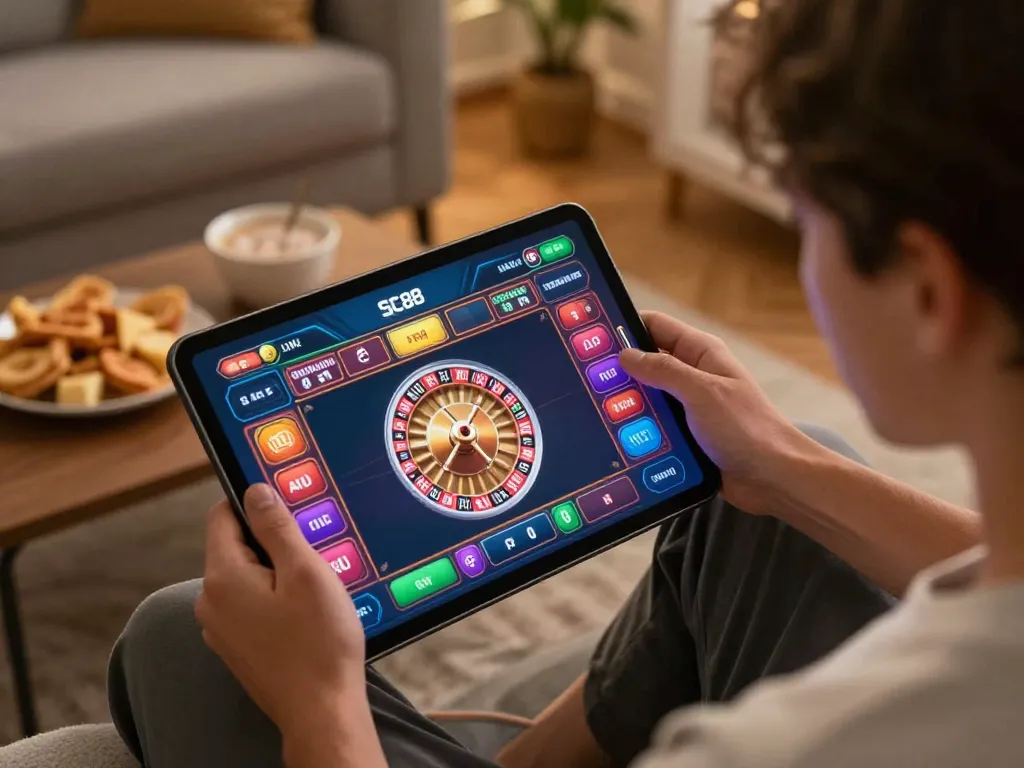 Player engaging with SC88 live roulette game on tablet in cozy home setting, focused on strategic gameplay.