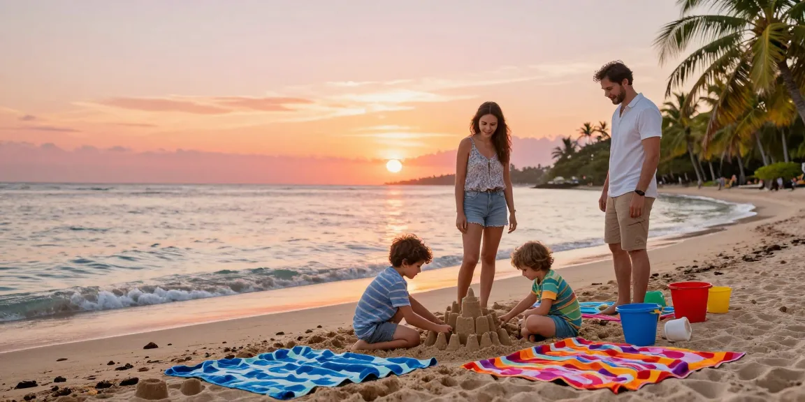 Keluarga di https://miami4d.com/ membangun istana pasir di pantai yang cerah saat matahari terbenam.