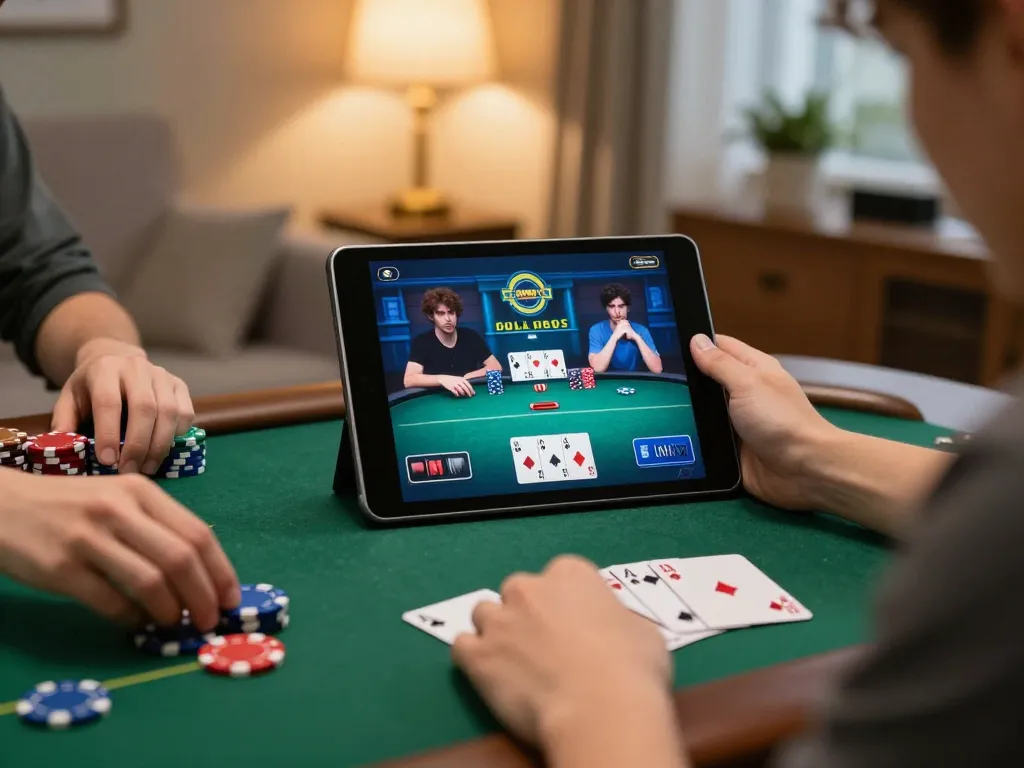 Engaging online poker gameplay on a tablet at home reflects MM88's exciting gambling experience.