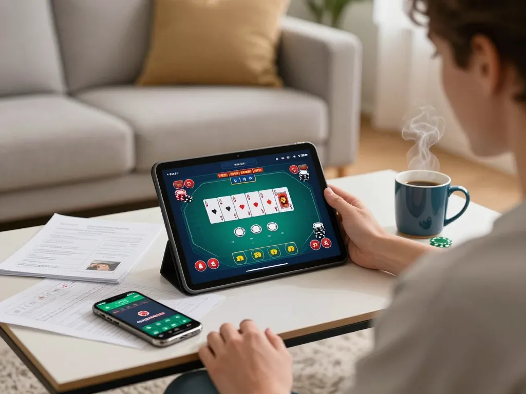 Engaging in a poker game on cm88 app with strategy notes and tablet in a cozy setting