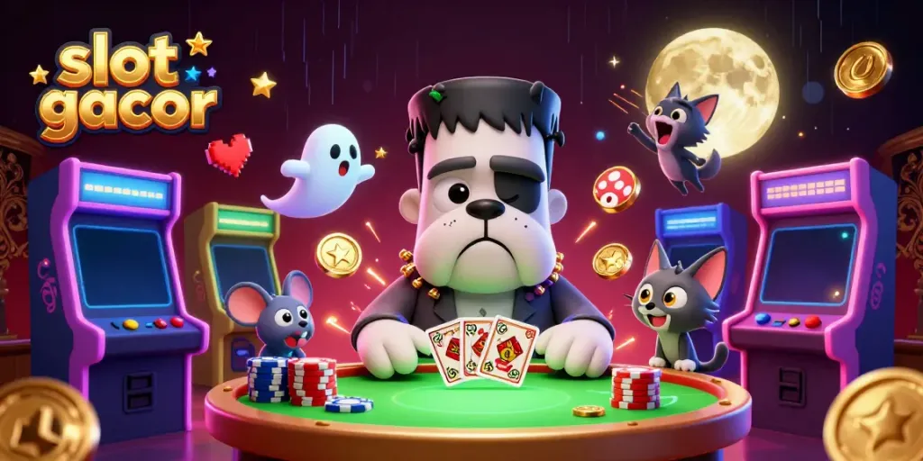 Menggunakan slot gacor, monster bulldog Frankenstein mengocok kartu di meja kasino yang menakutkan.